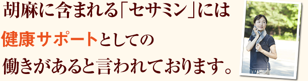 胡麻に含まれる「セサミン」には健康サポートとしての働きがあると言われております。