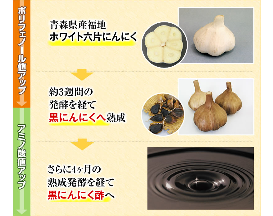 青森県産福地ホワイト六片にんにくを、約3週間の発酵を経て黒にんにくへ熟成。さらに4ヶ月の熟成発酵を経て黒にんにく酢へ。